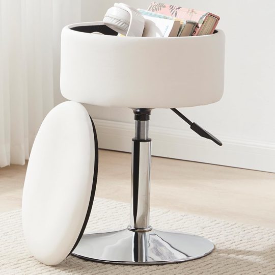 Adjustable Ottoman Stool White Vanity Stool Vanity Chair for Makeup Room Stool Chair for Vanity Stool with Storage Makeup Stools with Storage Swivel Makeup Chair for Bathroom Faux Leather